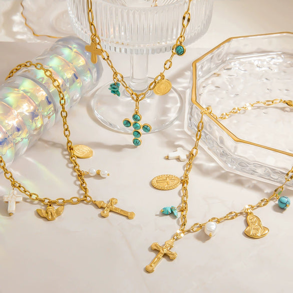 Stainless Steel And Titanium Steel Light Luxury O Chain Necklace With 18K Gold Cross And Pearl Electroplated