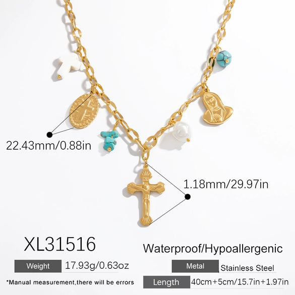 Stainless Steel And Titanium Steel Light Luxury O Chain Necklace With 18K Gold Cross And Pearl Electroplated
