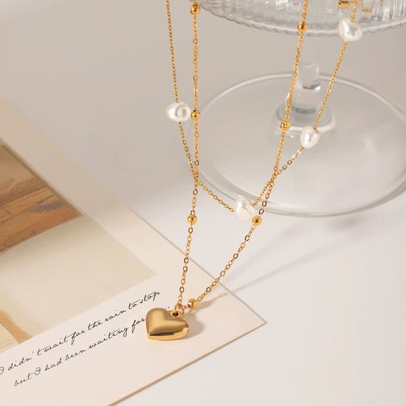Stainless Steel And Titanium Steel Love Pendant Doublelayer Stacked Pearl Necklace For Women With Geometric Pattern And Electroplating