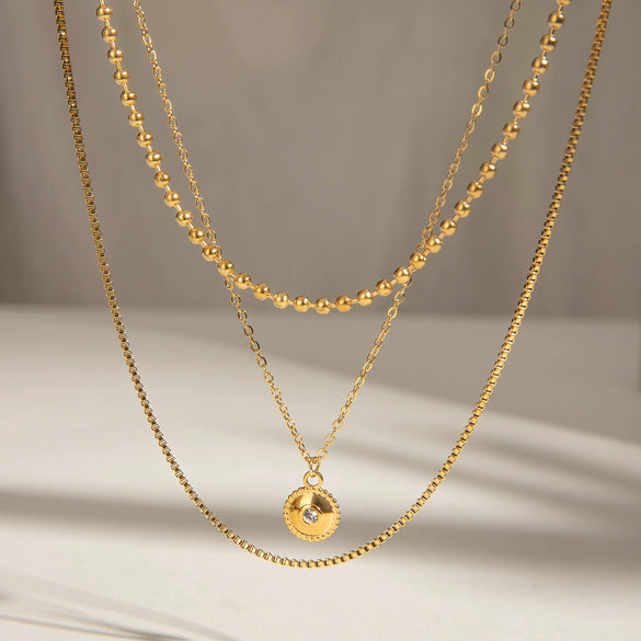 Stainless Steel And Titanium Steel Multilayer Bead Chain With Diamond Stacked Geometric Necklace Electroplated Light Luxury Women's Jewelry