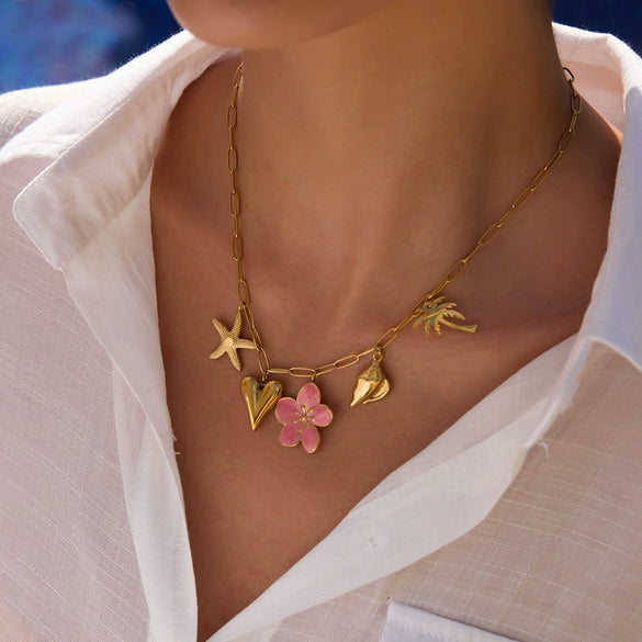 Stainless Steel And Titanium Steel Necklace With Peach Blossom And Starfish Pendant Light Luxury Niche Style Electroplated For Women