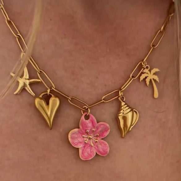Stainless Steel And Titanium Steel Necklace With Peach Blossom And Starfish Pendant Light Luxury Niche Style Electroplated For Women