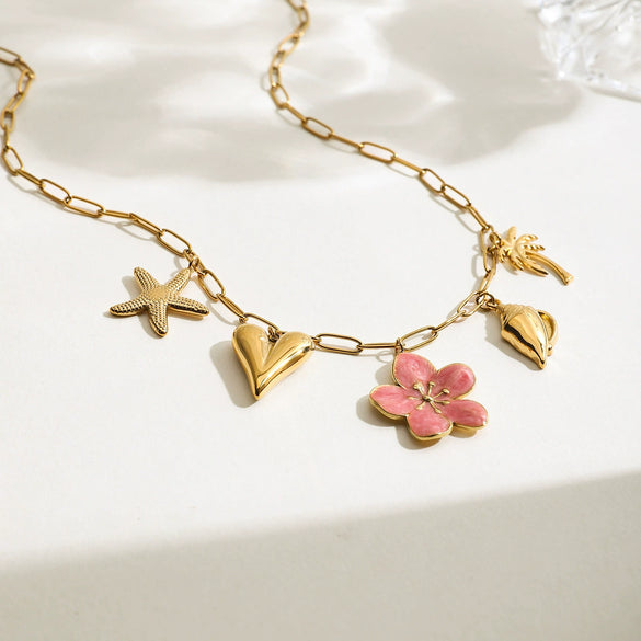 Stainless Steel And Titanium Steel Necklace With Peach Blossom And Starfish Pendant Light Luxury Niche Style Electroplated For Women