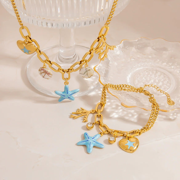 Stainless Steel And Titanium Steel Ocean Animal Zodiac Heart Star Multipendant Clavicle Chain Necklace With Electroplating