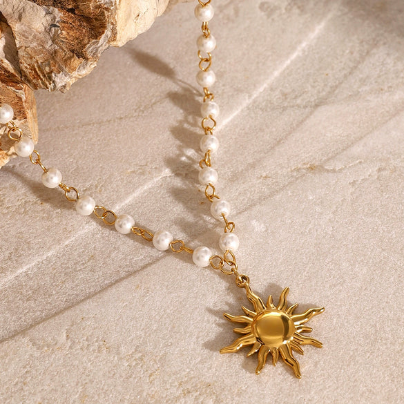 Stainless Steel And Titanium Steel Pearl Necklace With Geometric Style Sunflower Pendant And Regular Chain Electroplated