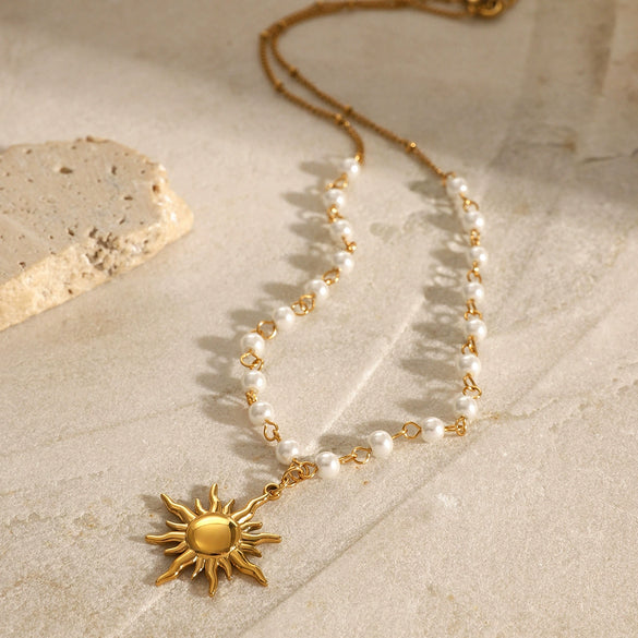 Stainless Steel And Titanium Steel Pearl Necklace With Geometric Style Sunflower Pendant And Regular Chain Electroplated