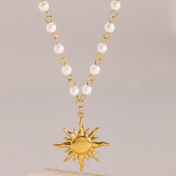 Stainless Steel And Titanium Steel Pearl Necklace With Geometric Style Sunflower Pendant And Regular Chain Electroplated