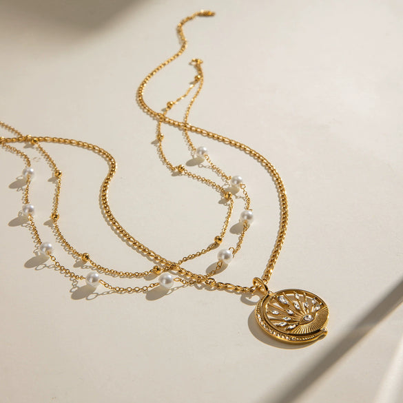 Stainless Steel And Titanium Steel Pearl With Diamond Pendant Necklace Geometric Style Electroplating Design For Women