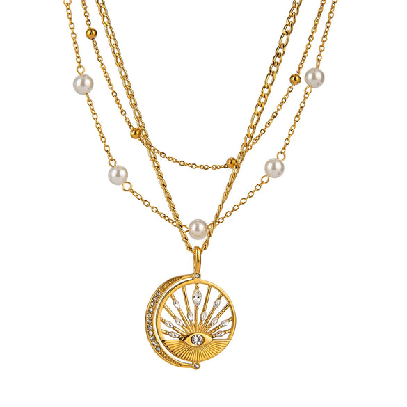 Stainless Steel And Titanium Steel Pearl With Diamond Pendant Necklace Geometric Style Electroplating Design For Women