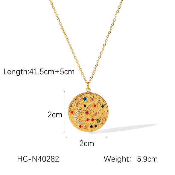Stainless Steel And Titanium Steel Pendant Necklace With Sun And Moon Geometric Pattern And Embossed Star Electroplated