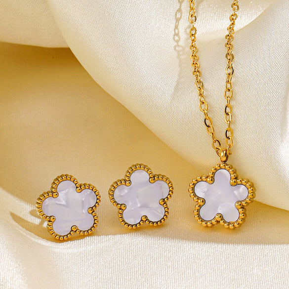 Stainless Steel And Titanium Steel Plant Flower Stud Earrings And Necklace Set For Women With Electroplating Treatment