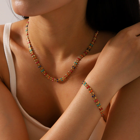 Stainless Steel And Titanium Steel Plant Flowers Geometric Electroplated Necklace And Bracelet