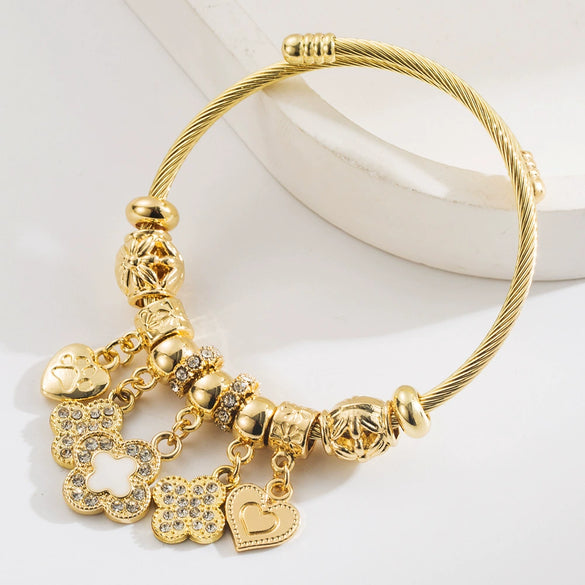 Stainless Steel And Titanium Steel Sweet Geometric Diamondencrusted Fourleaf Clover Pendant Bracelet
