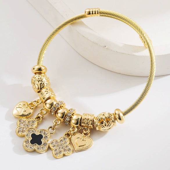 Stainless Steel And Titanium Steel Sweet Geometric Diamondencrusted Fourleaf Clover Pendant Bracelet