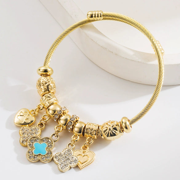 Stainless Steel And Titanium Steel Sweet Geometric Diamondencrusted Fourleaf Clover Pendant Bracelet