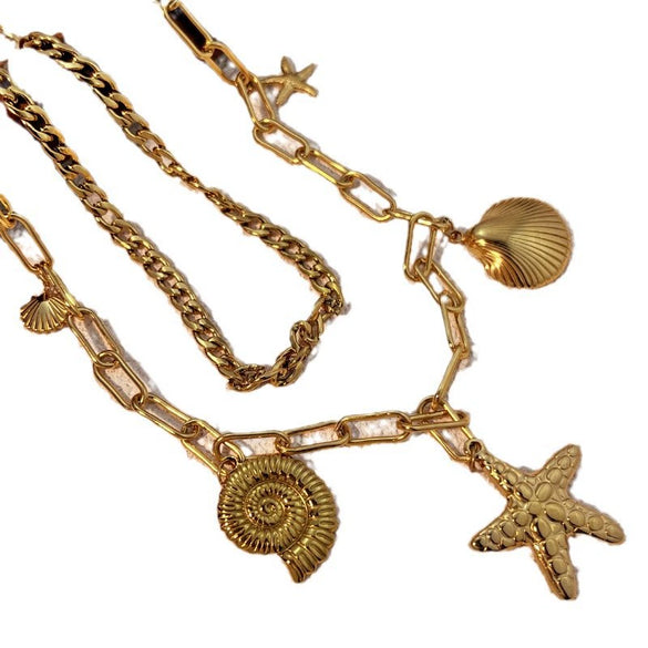 Stainless Steel And Titanium Steel Vintage U Shape Starfish Shell Pendant Necklace With Electroplating Process And Cross Chain Style Unisex Jewelry