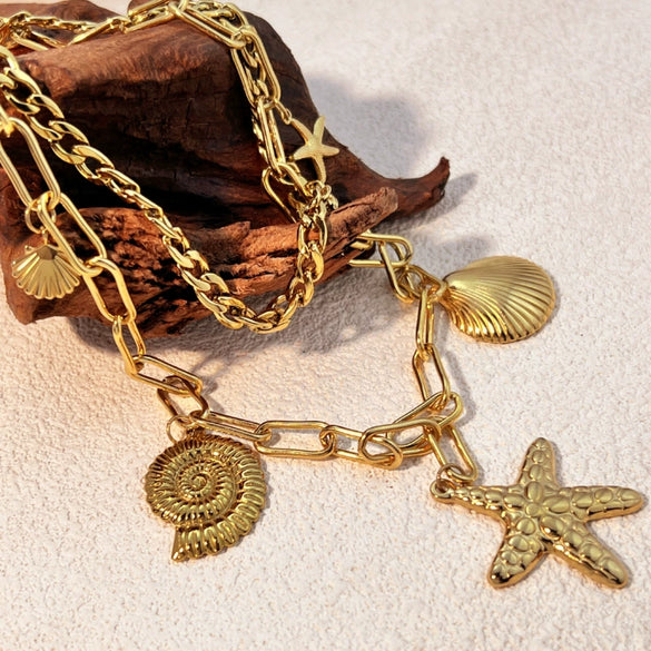 Stainless Steel And Titanium Steel Vintage U Shape Starfish Shell Pendant Necklace With Electroplating Process And Cross Chain Style Unisex Jewelry