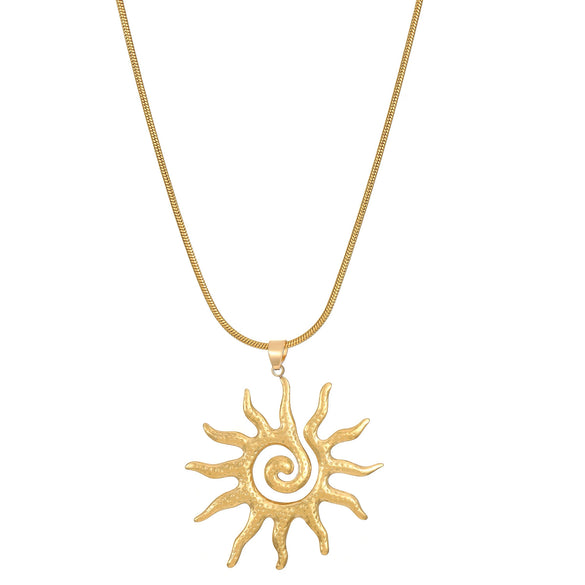 Stainless Steel And Titanium Steel Whirlpool Pattern Hammered Sunflower Pendant Necklace And Ring Set With Snake Bone Chain Electroplated For Women