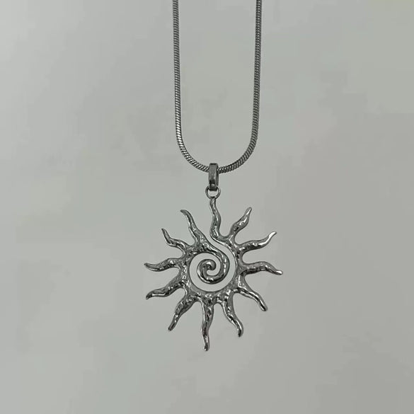 Stainless Steel And Titanium Steel Whirlpool Pattern Hammered Sunflower Pendant Necklace And Ring Set With Snake Bone Chain Electroplated For Women