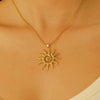 Stainless Steel And Titanium Steel Whirlpool Pattern Hammered Sunflower Pendant Necklace And Ring Set With Snake Bone Chain Electroplated For Women