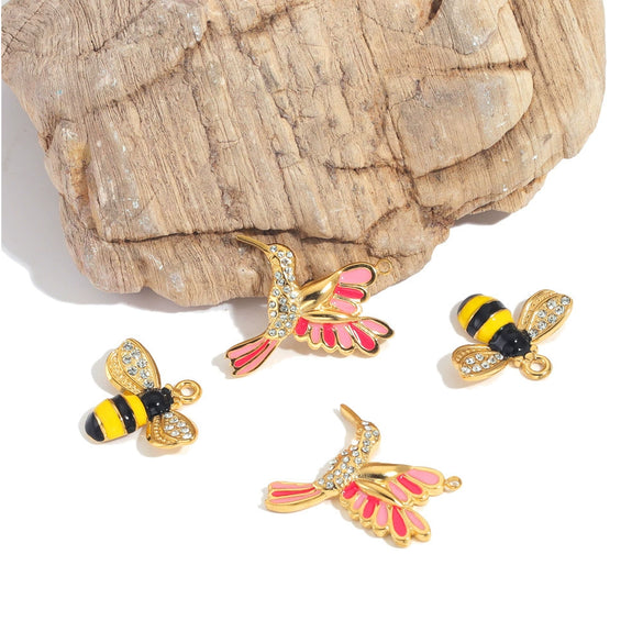 Stainless Steel Animal Bee Hummingbird Fish Dripping Oil Cartoon Style Diy Craft Supplies Pendant For Earrings Bracelet Necklace