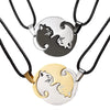 Stainless Steel Animal Cat Pendant Couple Necklace With Black And White Kitten Embrace Round Design On Leather Rope Chain