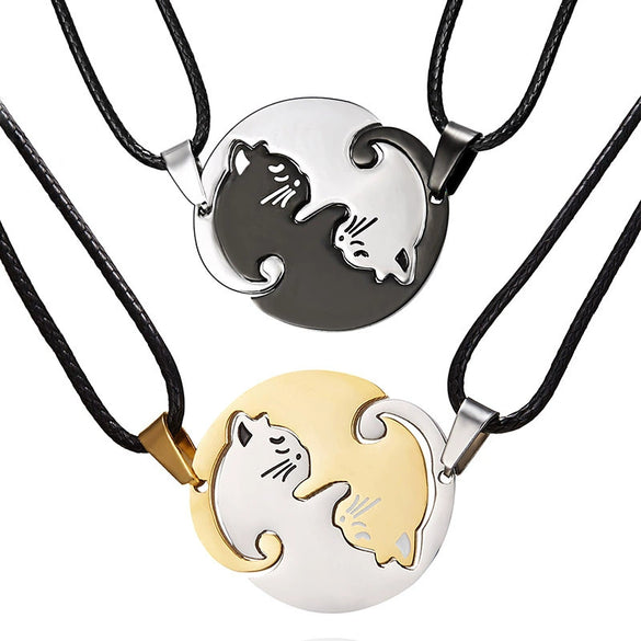 Stainless Steel Animal Cat Pendant Couple Necklace With Black And White Kitten Embrace Round Design On Leather Rope Chain