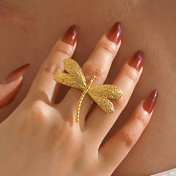 Stainless Steel Animal Dragonfly Ring Electroplated Simple Style For Women