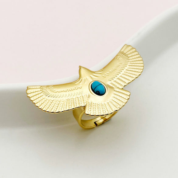 Stainless Steel Animal Eagle Open Ring With Flying Bird Wings Electroplated