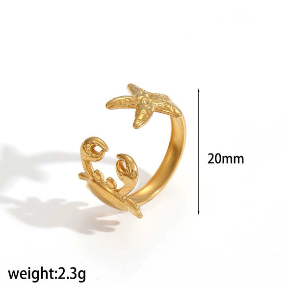 Stainless Steel Animal Geometric Style Ring With Marine Elements Like Hippocampus Scallop Starfish And Electroplating