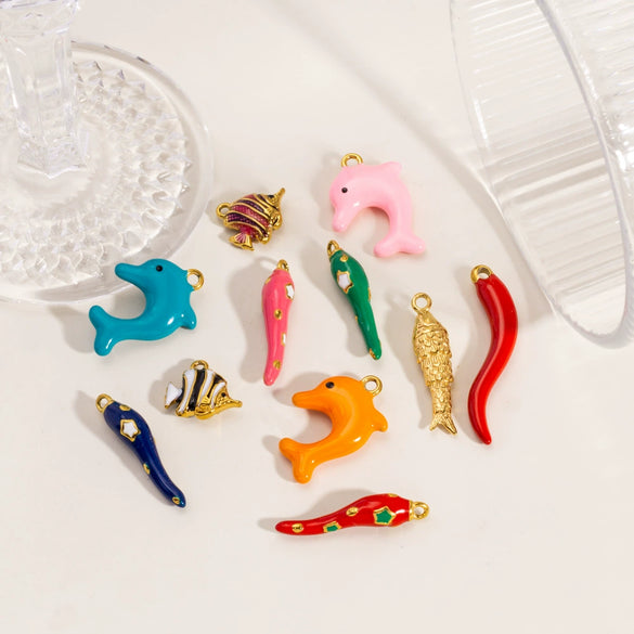 Stainless Steel Animal Style Oil Dripping Marine Series Pendant Diy Jewelry Accessories With Real Gold Electroplated Dolphin And Tropical Fish