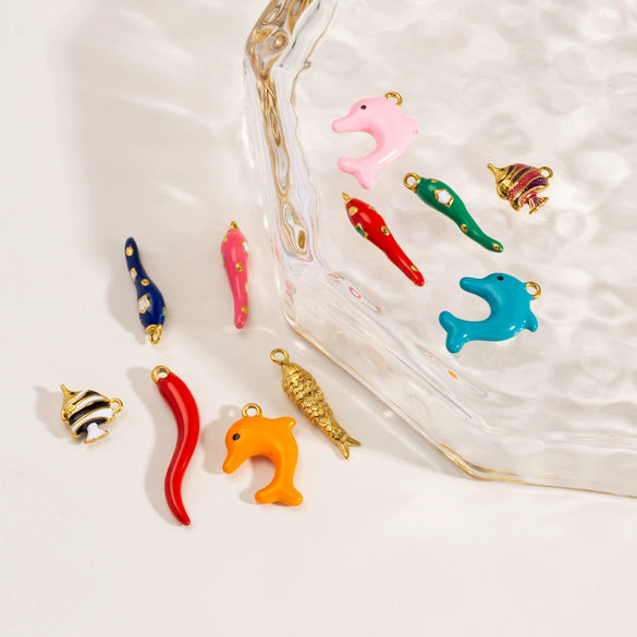 Stainless Steel Animal Style Oil Dripping Marine Series Pendant Diy Jewelry Accessories With Real Gold Electroplated Dolphin And Tropical Fish