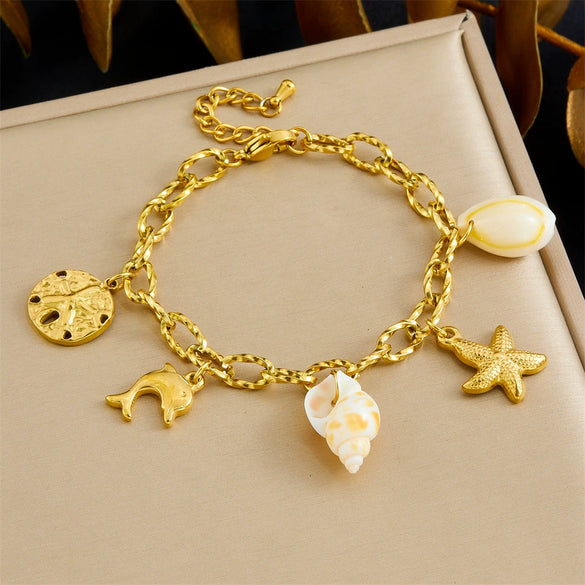 Stainless Steel Animal Zodiac Dolphin Starfish Shell Round Irregular Pendant Ocean Bracelet With Electroplating For Women