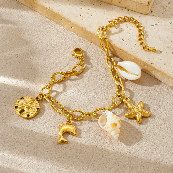 Stainless Steel Animal Zodiac Dolphin Starfish Shell Round Irregular Pendant Ocean Bracelet With Electroplating For Women