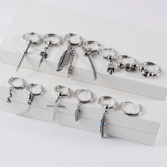 Stainless Steel Animal Zodiac Geometric Leaf Snakeshaped Skull Ear Buckle Earrings And Ear Bone Ring With Electroplating