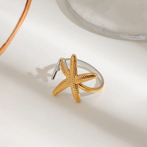 Stainless Steel Animal Zodiac Style Electroplated Starfish Asymmetric Ring Jewelry For Women