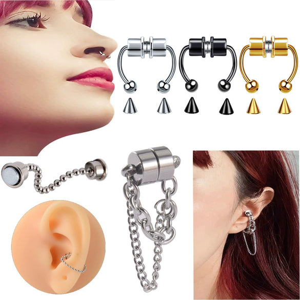 Stainless Steel Antler Pattern Electroplated Round Ball Conical Ball Magnetic Nose Ring Piercing Earrings Unisex