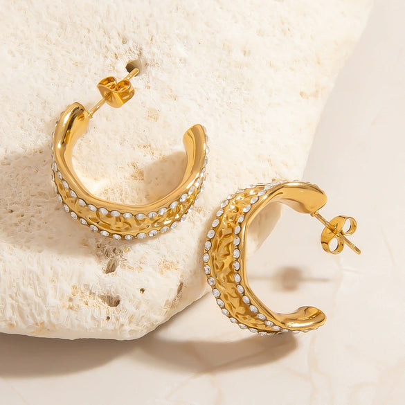 Stainless Steel Asymmetrical Geometric Circle Ushaped Pleated Semicircle Earrings With Diamonds Electroplated For Women Light Luxury Style