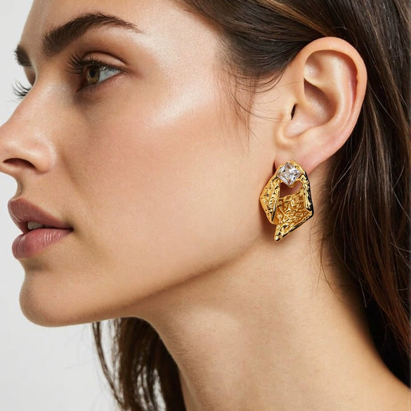 Stainless Steel Asymmetrical Geometric Circle Ushaped Pleated Semicircle Earrings With Diamonds Electroplated For Women Light Luxury Style