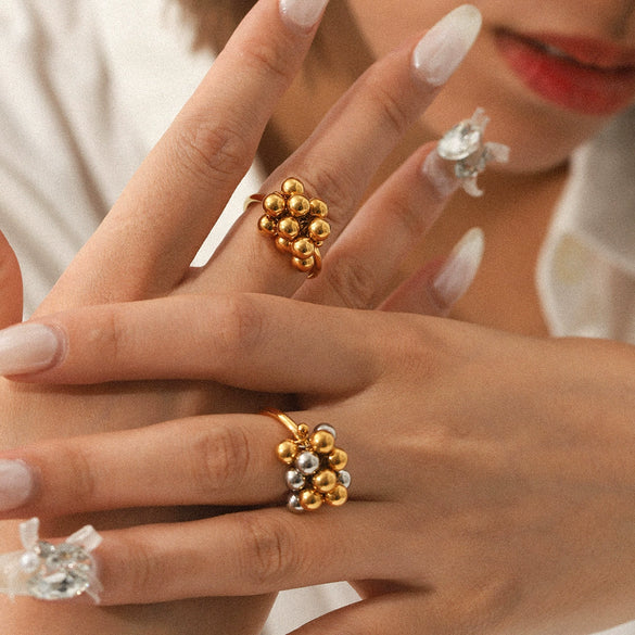Stainless Steel Ball Bead Rings Geometric Style Electroplated Women's Hand Jewelry