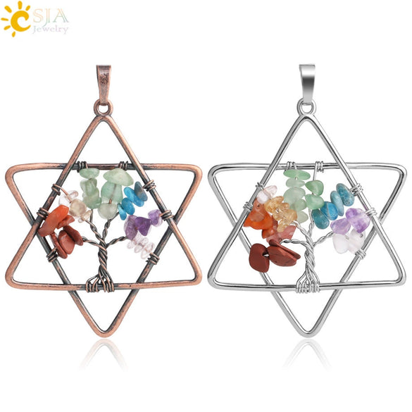 Stainless Steel Ball Chain Necklace With Crystal Merkaba Star And Wrapped Tree Of Life Pendant Personality Jewelry