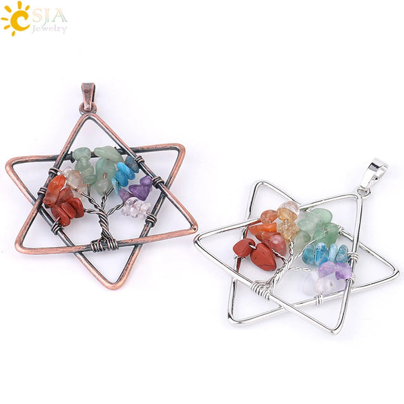Stainless Steel Ball Chain Necklace With Crystal Merkaba Star And Wrapped Tree Of Life Pendant Personality Jewelry