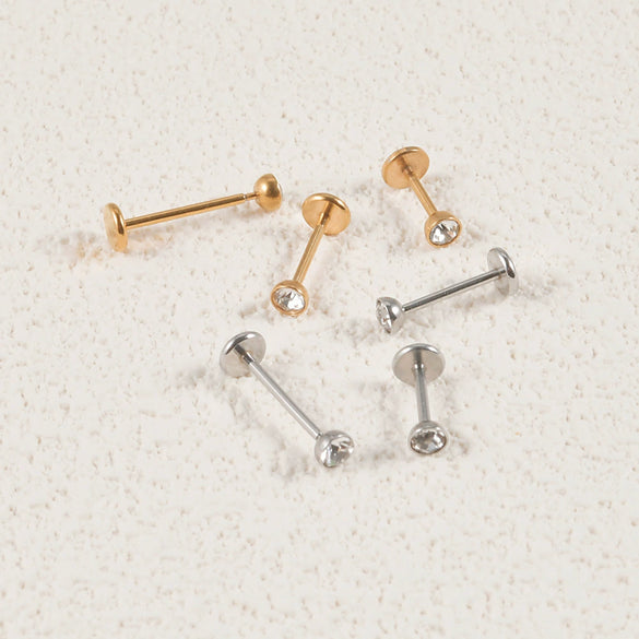 Stainless Steel Ball Tshaped Electroplating Style Earrings With Single Diamond And Round Zircon