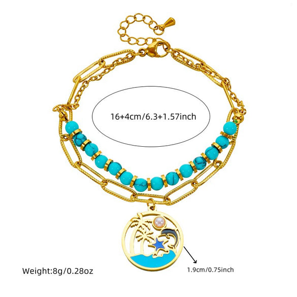 Stainless Steel Beaded Double Layer Overlapping Chain Marine Life Pendant Accessories Necklace Bracelet With Electroplating