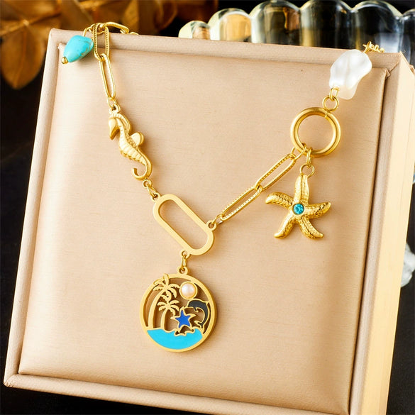 Stainless Steel Beaded Double Layer Overlapping Chain Marine Life Pendant Accessories Necklace Bracelet With Electroplating