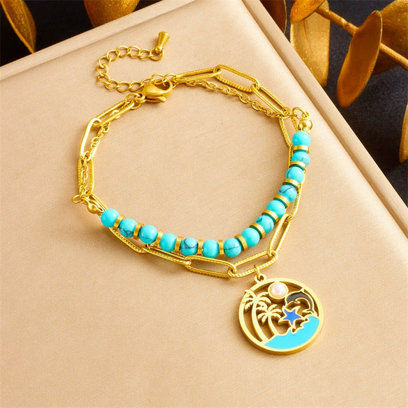 Stainless Steel Beaded Double Layer Overlapping Chain Marine Life Pendant Accessories Necklace Bracelet With Electroplating