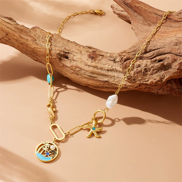 Stainless Steel Beaded Double Layer Overlapping Chain Marine Life Pendant Accessories Necklace Bracelet With Electroplating