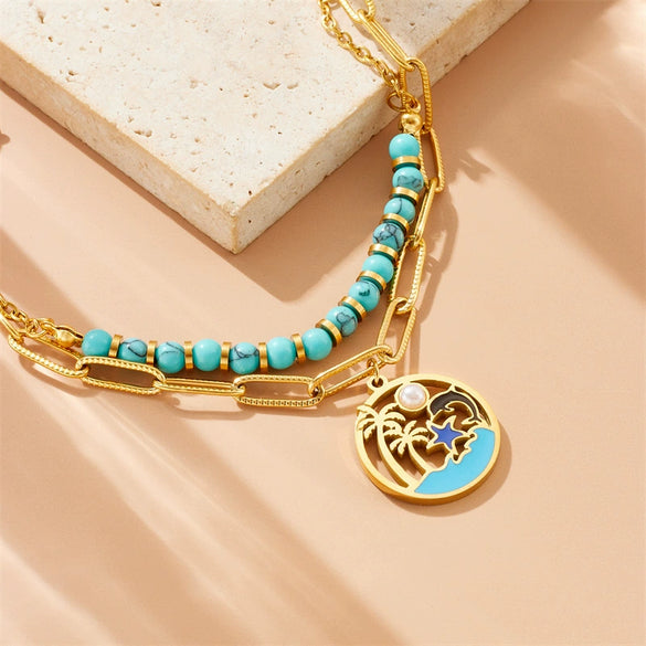 Stainless Steel Beaded Double Layer Overlapping Chain Marine Life Pendant Accessories Necklace Bracelet With Electroplating