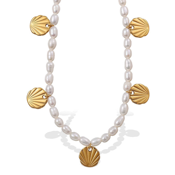 Stainless Steel Beaded Necklace Plated With Gold Pendant Jewelry With White Freshwater Pearl For Women