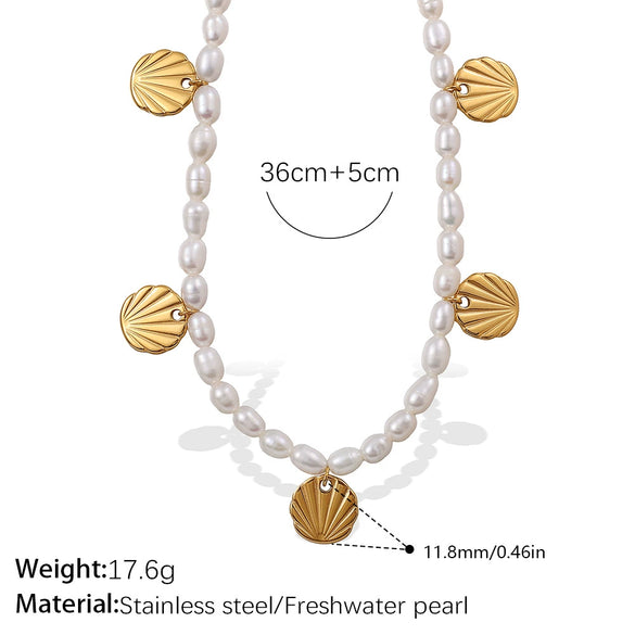 Stainless Steel Beaded Necklace Plated With Gold Pendant Jewelry With White Freshwater Pearl For Women